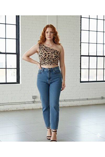 JustBS Asymmetrical Cut Leopard Patterned Sandy Crop Top