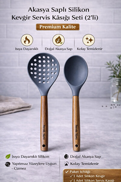 Single 2'Li Set Akasya Saplı Kevgir Servis Kaşığı Setimiz Isıya Dayanıklı Yan...