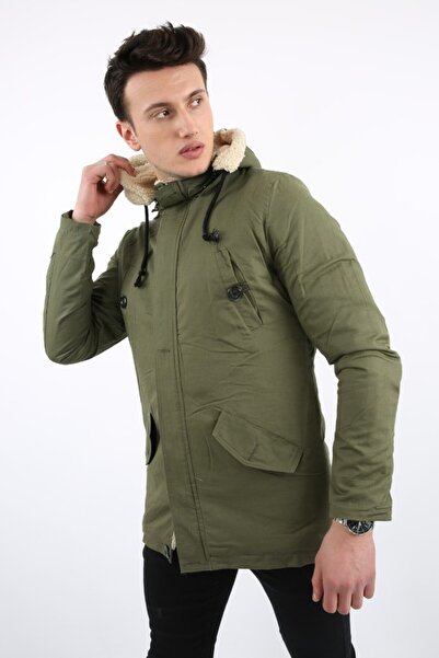 yesıl sarmasık 35 Thick Men's Casual Coat with Fur Inside and Removable Hood