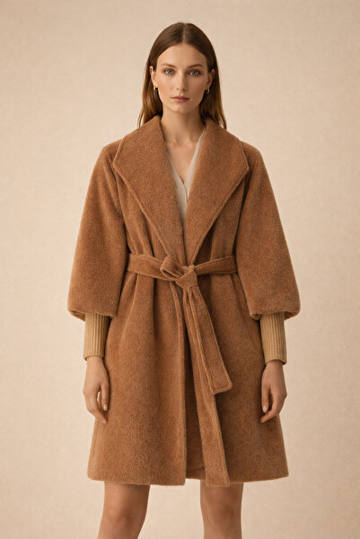 Kirazgym Lined Cashmere Coat Shawl Collar - Tan