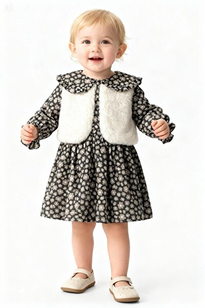 Gocoland Vintage Floral Patterned Fur Vest Dress