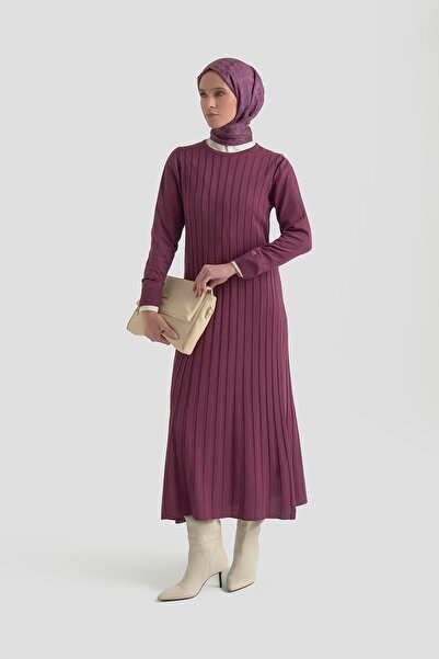 Armine TREND Kendinden Çizgili Triko Elbise Mürdüm 25KTD901