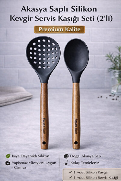 Single 2'Li Set Akasya Saplı Kevgir Servis Kaşığı Setimiz Isıya Dayanıklı Yan...
