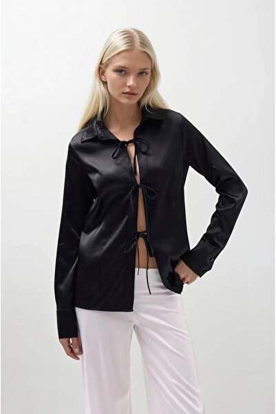 vuvutasarım Front Bow Detail Satin Woven Fabric Women's Shirt with Buttonless...