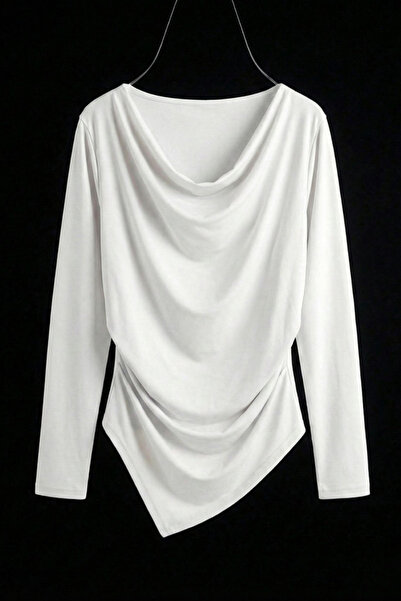 Potenza Women's Blouse Draped Long Sleeve Degaje Collar Asymmetrical Cut Sand...