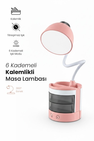 Kensa Dokunmatik LED Masa Lambası Kalemlikli Çekmeceli Telefon Standlı 3 Renk...