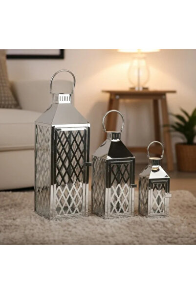Generic Silver metal lantern set with clear glass - 3 sizes