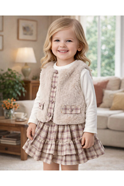My Lusa baby wear Elisa Kız Çocuk Ekose Etekli ,Penyeli,Peluş Yelek Takım