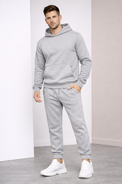 NAKRUF Gray Oversize Men's Tracksuit Set with Hooded Kangaroo Pocket and Elas...