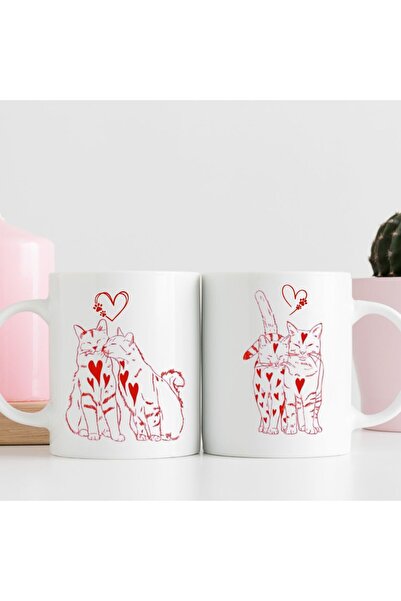 kubdekor Cats in Love Printed Double Mug Set with Back and Front Printing Val...