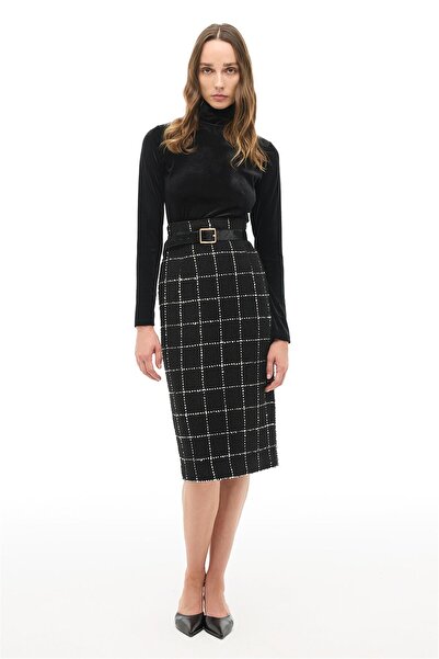 Perspective Black High Waist Plaid Below-Knee Skirt