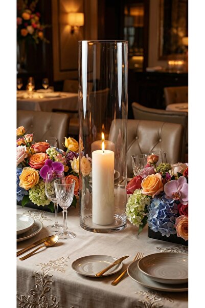 GLASSY 50 cm Dev Boy El İşçiliği Silindir Cam Vazo- Mumluk - Şıklığın ve Zara...