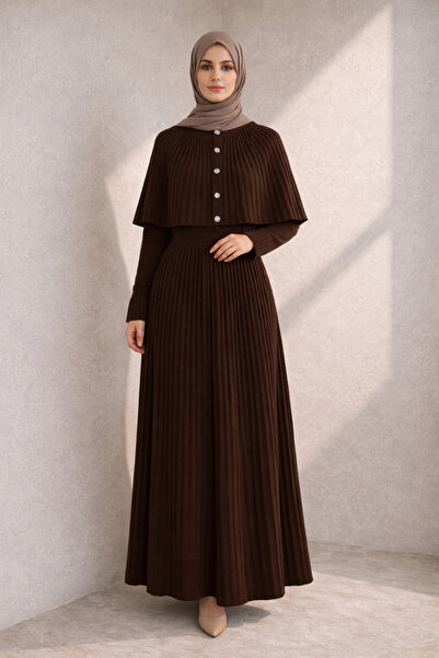 Kirazgym Poncho Cape Detailed Two-Piece Knitwear Hijab Dress - Brown