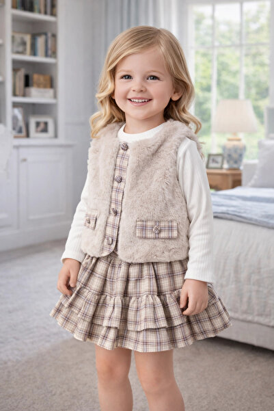 EYMİRGİYİM Set de pantaloni scurți în carouri pentru fete, cu fustă, vestă di...