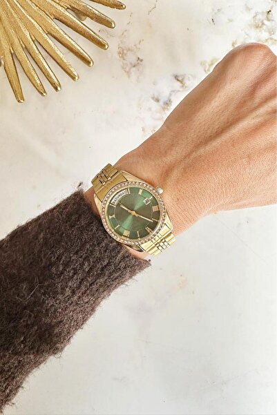 OQQO Myra Double Date Display Green Dial Gold Band Women's Wristwatch
