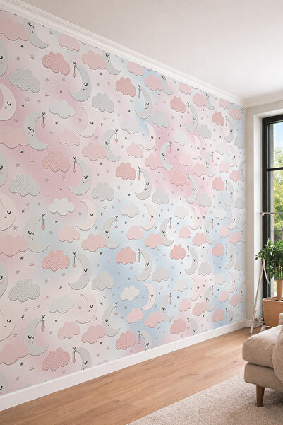 dreamwall Bebek Odası İçin Ay Yıldız Bulut Temalı Pastel Tonlarda Tek Parça T...