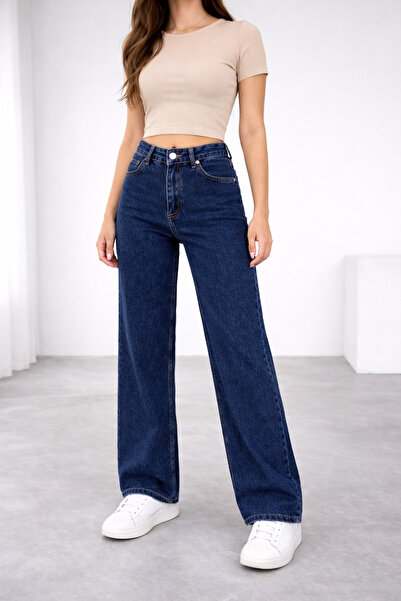 Lighter Jeans Kadın Koyu Mavi Yüksek Bel Likralı Bol Paça Wide Leg Mom Fit Je...