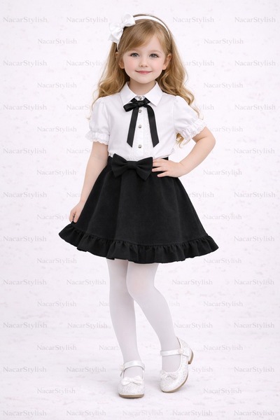 Nacar Kız Çocuk 23 Nisan 29 Ekim Dantel Detaylı Gömlek&Double Kumaş Kloş Etek...