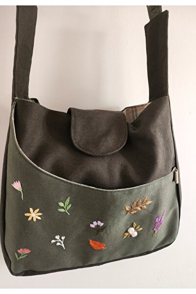 myyasminhome El Yapımı, Nakış İşlemeli, Yeşil Kot Çanta %100 Handmade