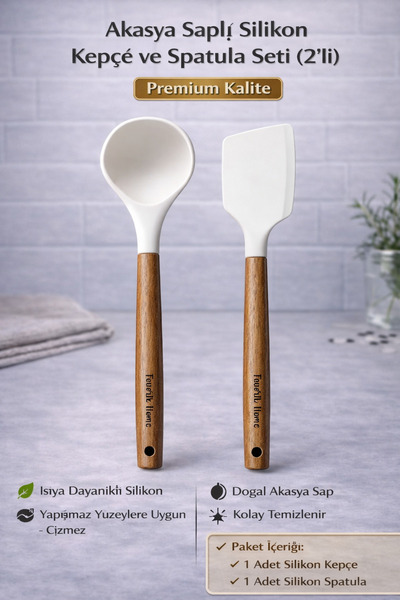 Single 2'Li Set Akasya Saplı Kepçe Spatula Setimiz Isıya Dayanıklı Yanmaz Yap...