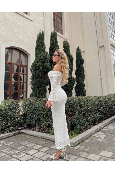 NİCE STYLE Women's Madonna Collar Spanish Sleeves Lace Dress