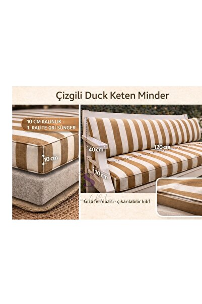 shules collection KAHVE ÇİZGİLİDuck Keten Bank Minderi 120x50x10 cm – Uzun Sı...