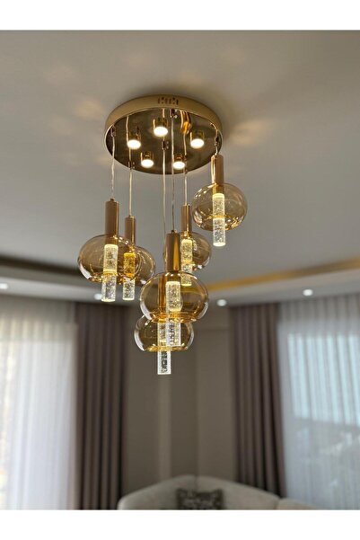 Retro camlı taşlı bal rengi 6'lı sarkıt avize