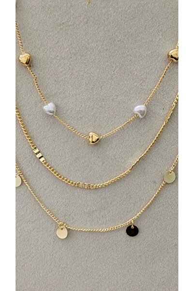 Çelik مجموعة قلادات متعددة من 3 قطع للنساء على شكل قلب من اللؤلؤ والترتر