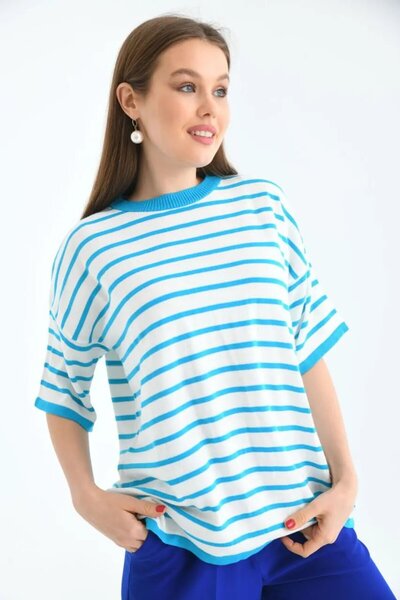 Park Karon Women's Crew Neck Striped Oversize Knitwear Sweater 10002