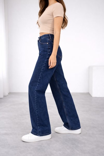 Lighter Jeans Women's Dark Blue High Waist Lycra Wide Leg Mom Fit Jean Pants
