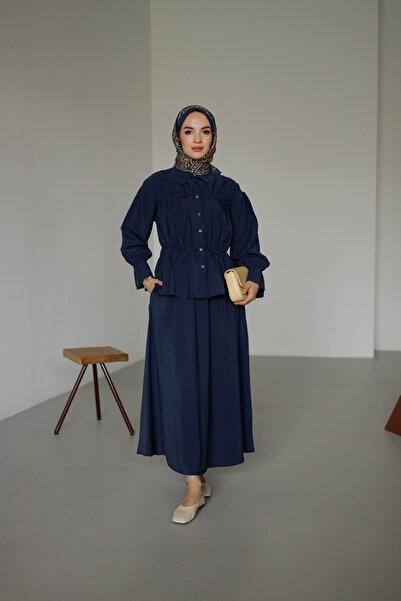 MOONSC Women's Hijab Suit with Ribbon Detail on the Front and Gathered Skirt