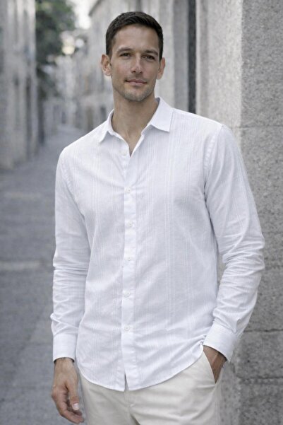 Valiberta Proust Striped Thin Modal Fabric Long Sleeve Summer Men's Shirt - Ecru