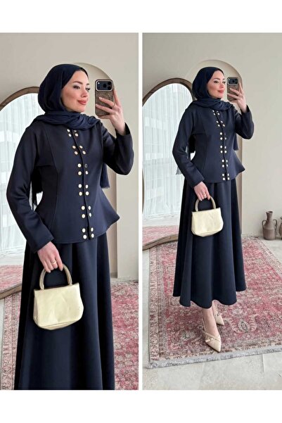 butik hira Scuba Skirted Suit with Snap Detail