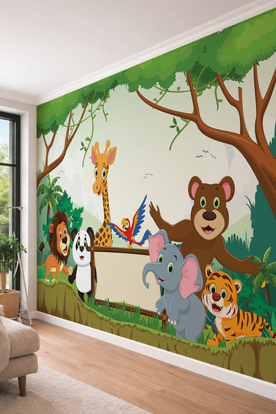 dreamwall Gülen Orman Hayvanları ve Safari Temalı Çocuk Odası İçin Tek Parça Tekstil Duvar Kağıdı