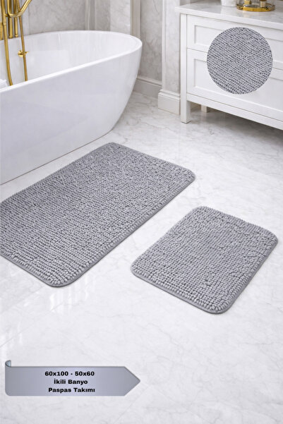 Bestekar Liva Gray Luxury Cotton Double Bath Mat Set 60X100 & 50X60 Soft Text...