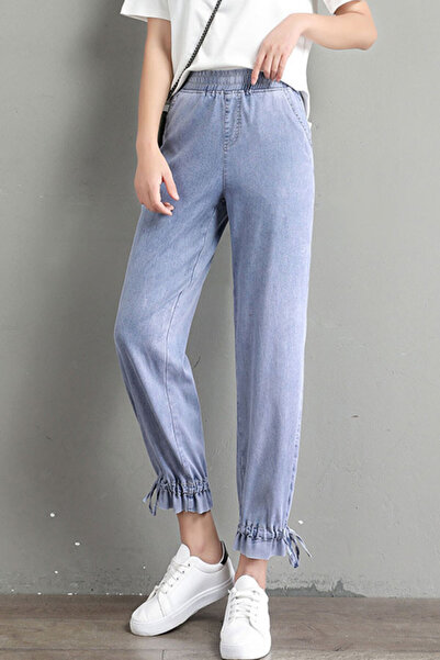 dorbe denim ruffle bottom elastic waistband lightweight jogger pants