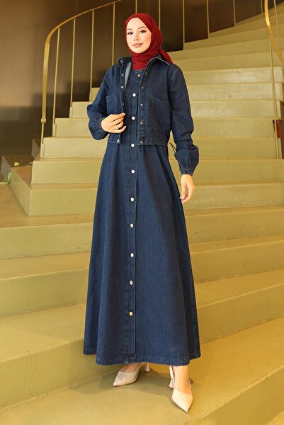 Modamihram Buttoned Jacket and Jeans Set Dark Blue 19281