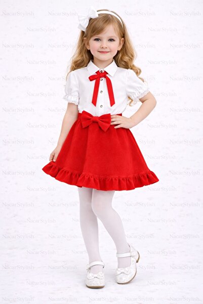 Nacar Kız Çocuk 23 Nisan 29 Ekim Dantel Detaylı Gömlek&Double Kumaş Kloş Etek...
