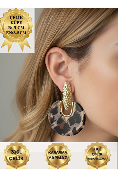 LUXENYA DESİGN Women's Gold Color Leopard Pattern Dangle Stainless Steel Earr...