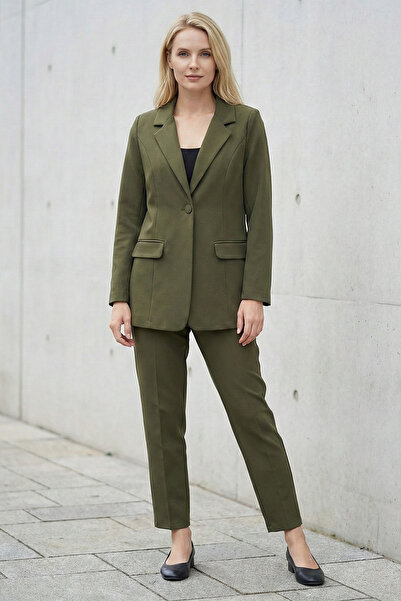 FERHEL Women's Suit Jacket and Trousers Classic Office Suit - Khaki Green