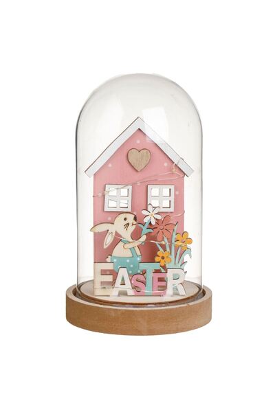 OEM Decorative Glass Dome with LED, House and Bunny "Easter", Ø11.5x19.5 cm