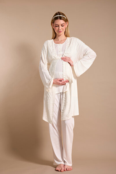 Rimel Homewear Kadın Ekru Dokulu Sabahlıklı 3'lü Lohusa Pijama Takımı - Emzir...
