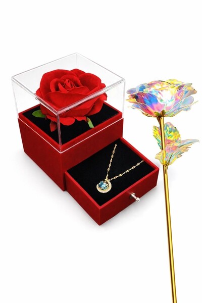 MEKKANMODA Gökyüzü Çelik Kolye Güllü Kutuda Solmaz Renkli Gül Hediyeli
