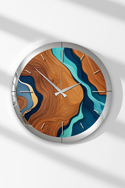 Zevahir Mobilya Dekorasyon Silver Framed Aqua Round Mdf Wall Clock