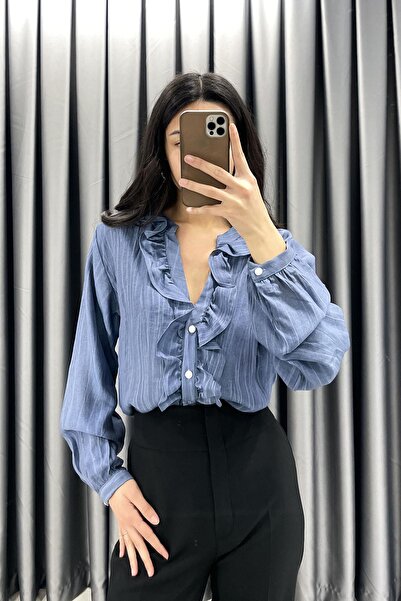 BEBE PLUS Düğme Kenarı Fırfır Detay Gömlek - İndigo İNDİGO