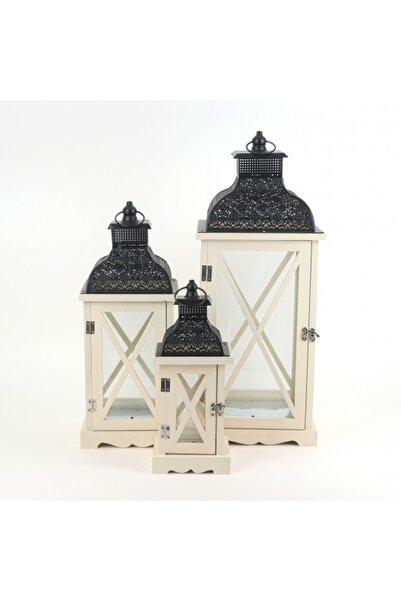 Generic White wooden and black metal lantern set - 3 sizes