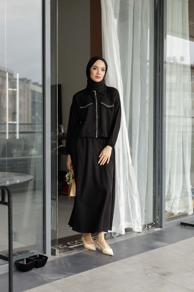 MOONSC Set Hijab pentru femei cu buzunar frontal, detaliu cu pietre și fustă ...