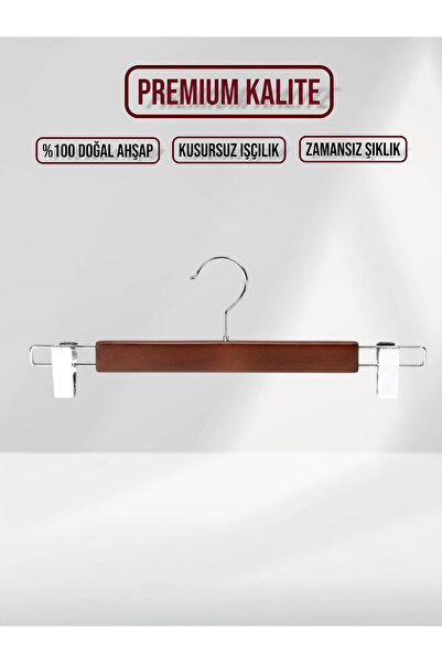 SDF Askı Ceviz Ahşap Pantolon Etek Askısı Gümüş Kancalı 10 Adet