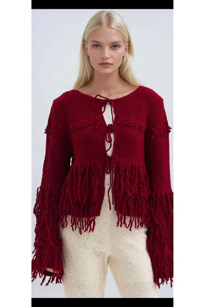 MODA Cardigan din tricot cu mânecă lungă, cu șireturi și ciucuri, pentru a at...