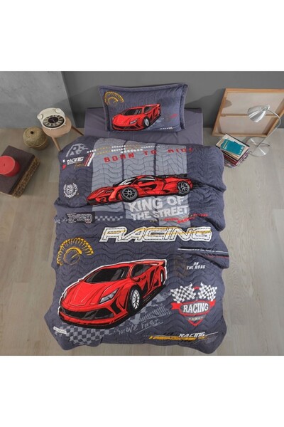 Clasy Set cuvertura matlasata + 1 fata perna bumbac 100% cu masini, Racing Team
